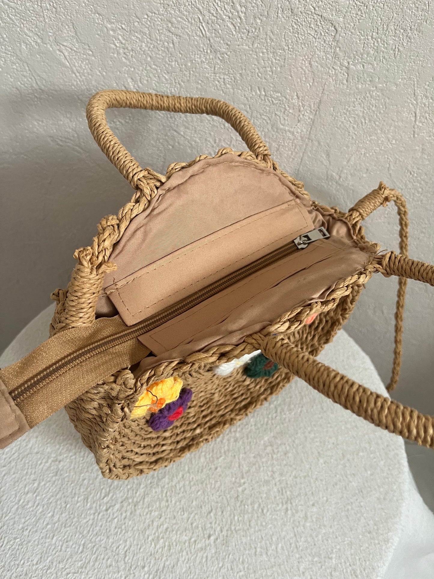 Sac rond paille à fleurs