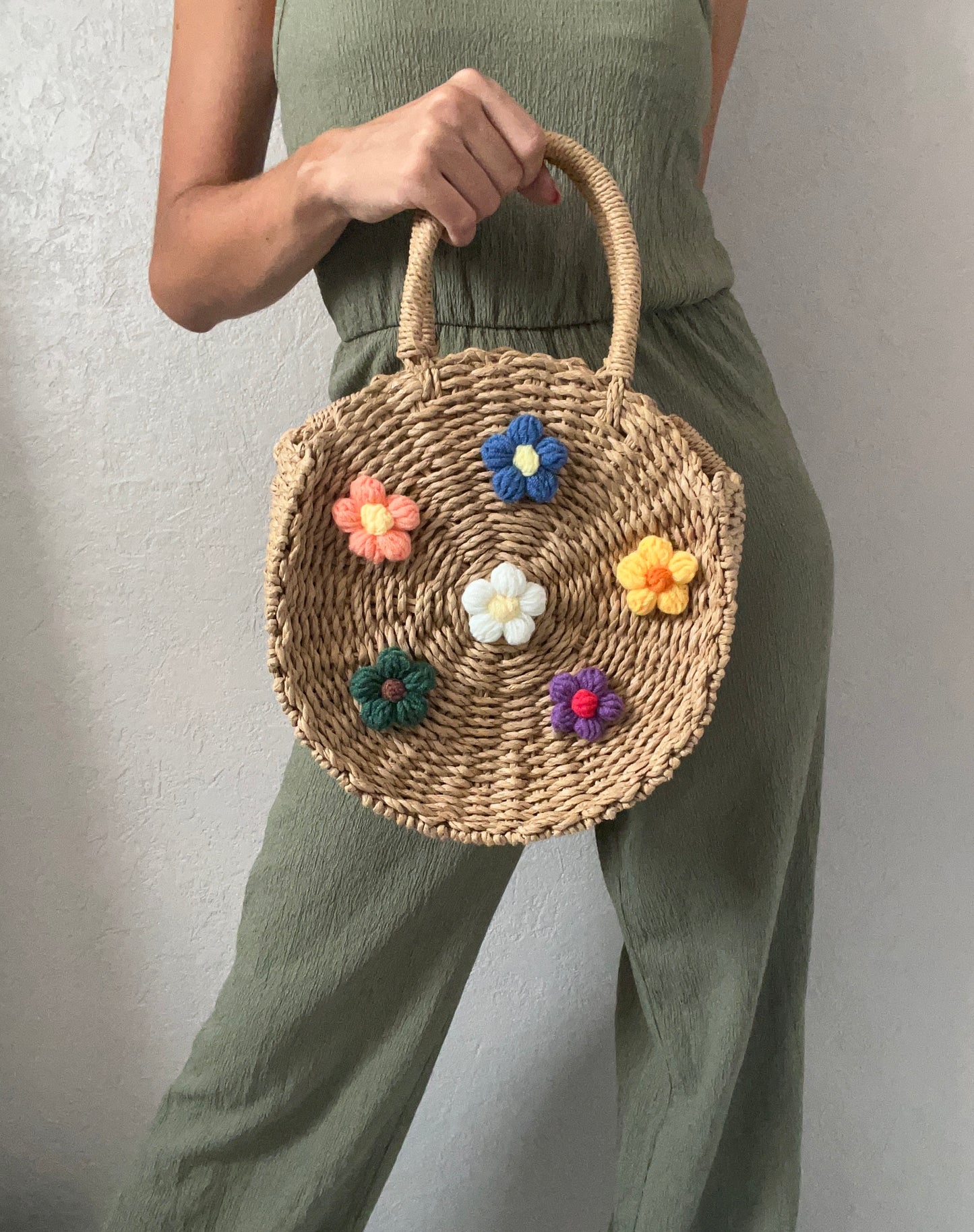 Sac rond paille à fleurs