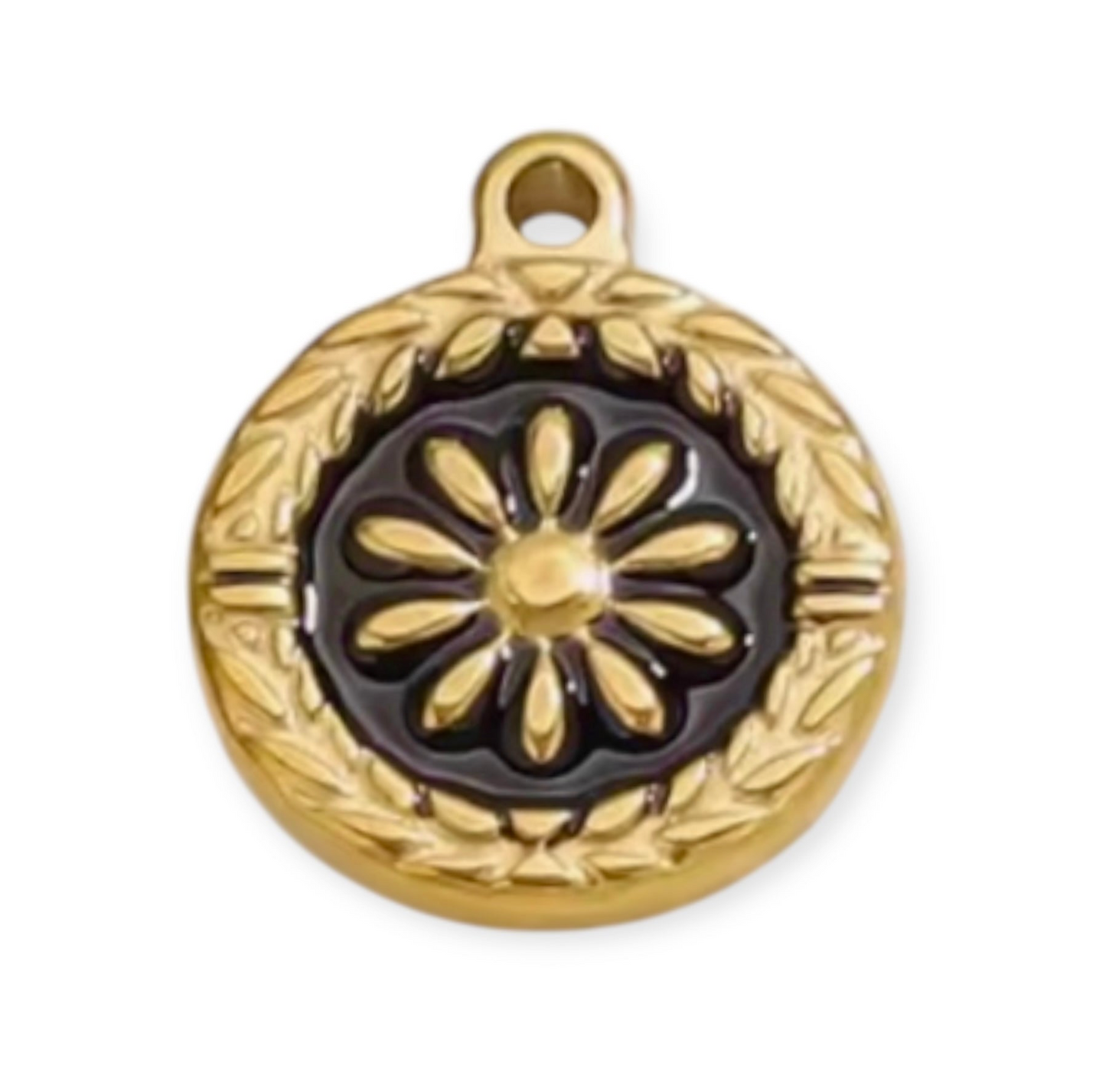 Charm médaillon fleur noir finition dorée