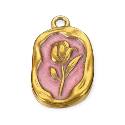 Charm médaillon rose finition dorée