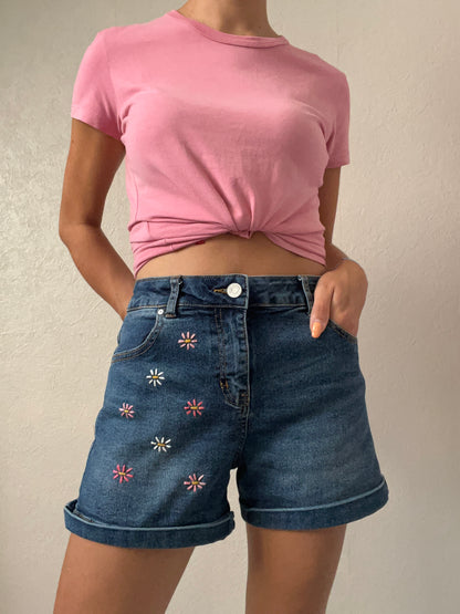 Short en jean fleurs